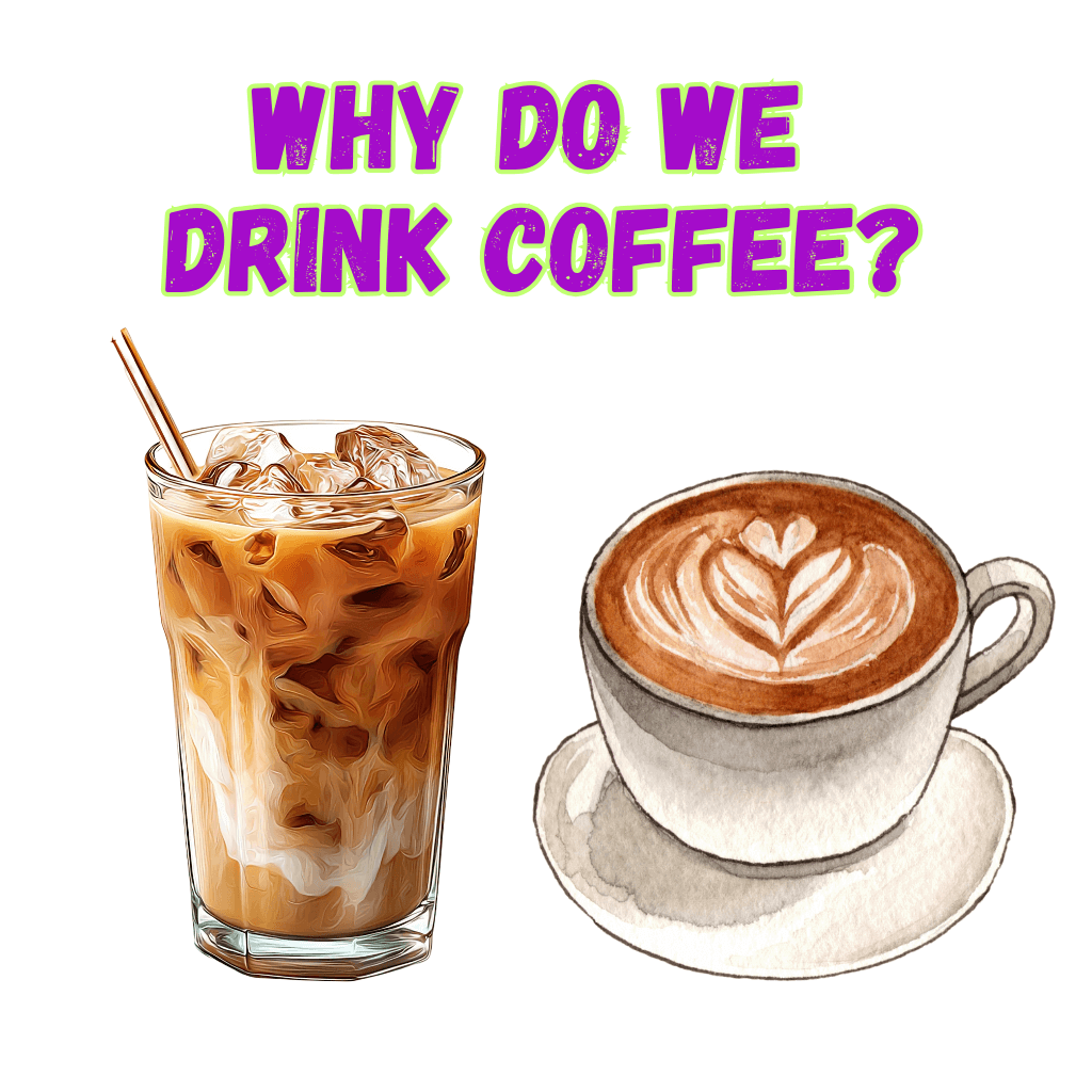 Image of iced coffee and a latte with the text 'WHY DO WE DRINK COFFEE?'