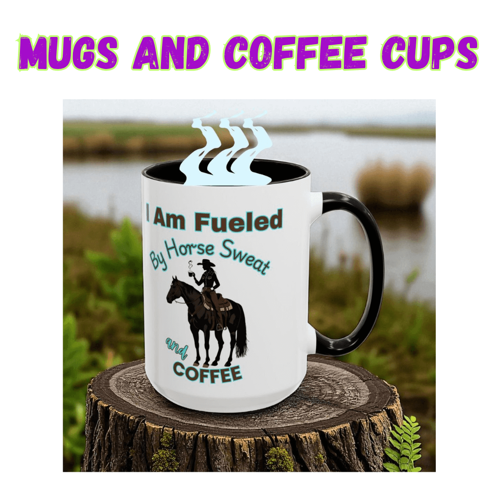 Mugs and Coffee Cups - Custom mug with horse graphic and text saying 'I Am Fueled By Horse Sweat and COFFEE'