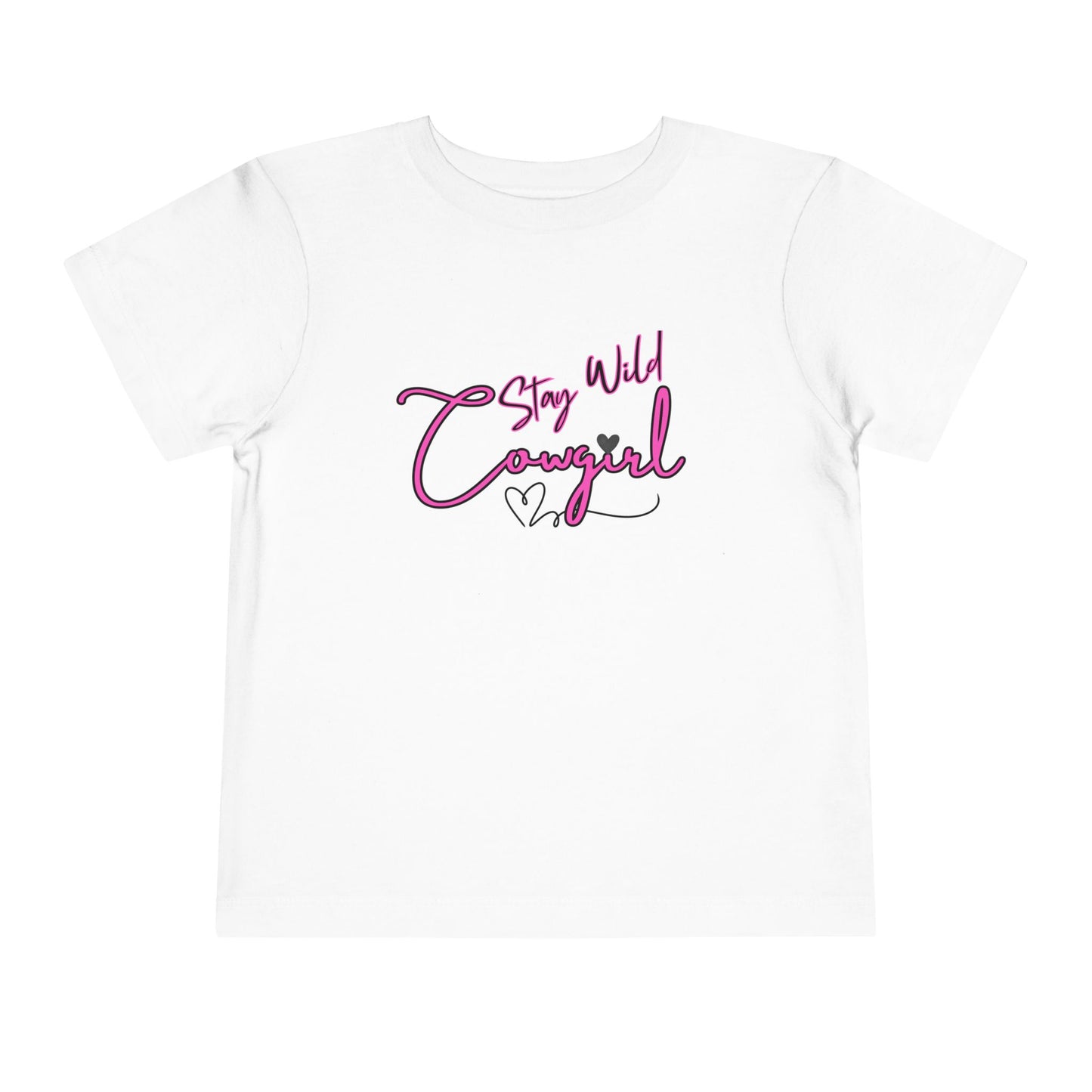 Toddler Cowgirl Tee featuring playful hand-lettered 'Stay Wild Cowgirl' design on a soft white shirt.