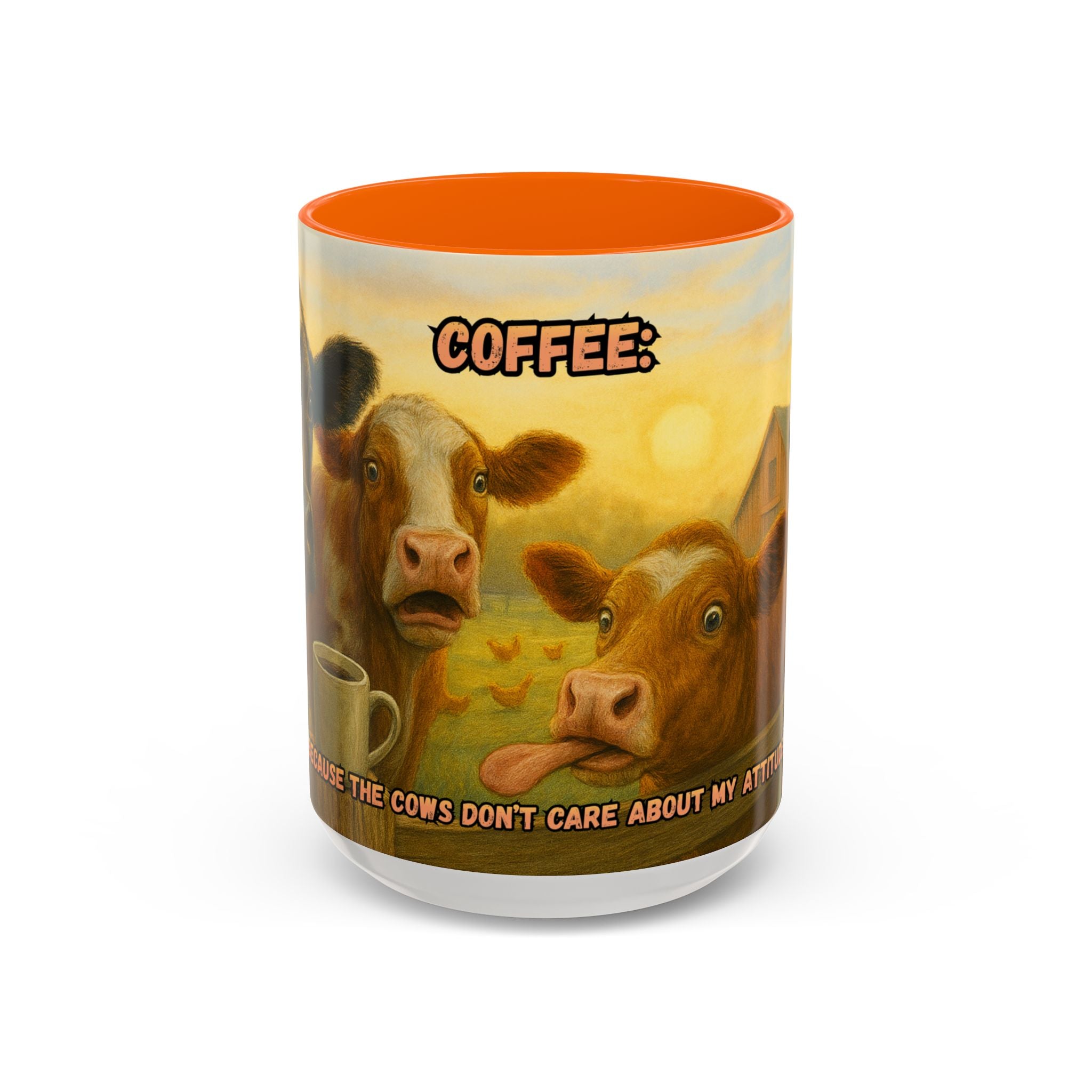 Cow Farm Mug featuring humorous cow design and the phrase 'Because Cows Don't Care About My Attitude'.