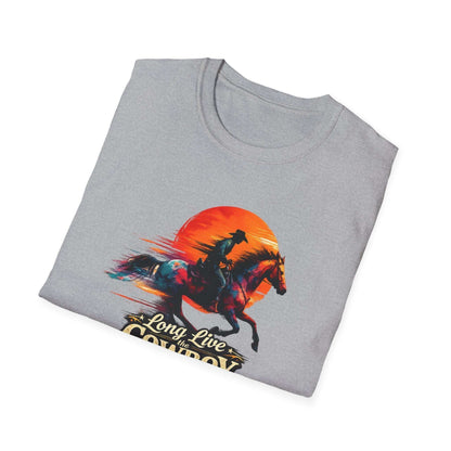 Long Live the Cowboy Western Horse T-Shirt for Men featuring a rider and horse silhouette against a sunset.