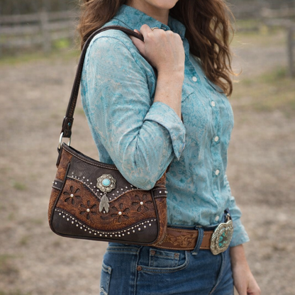 Western Handbag Wallet Set, Tooled Leather Shoulder Purse with Studs