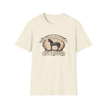 Get a Horse T-Shirt featuring a horse silhouette and rustic typography for cowgirl humor, perfect for casual wear.