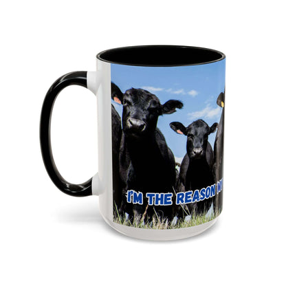 Black Angus Coffee Mug featuring black cows and humorous quote "I'm the reason I drink coffee" on a ranch-style design.