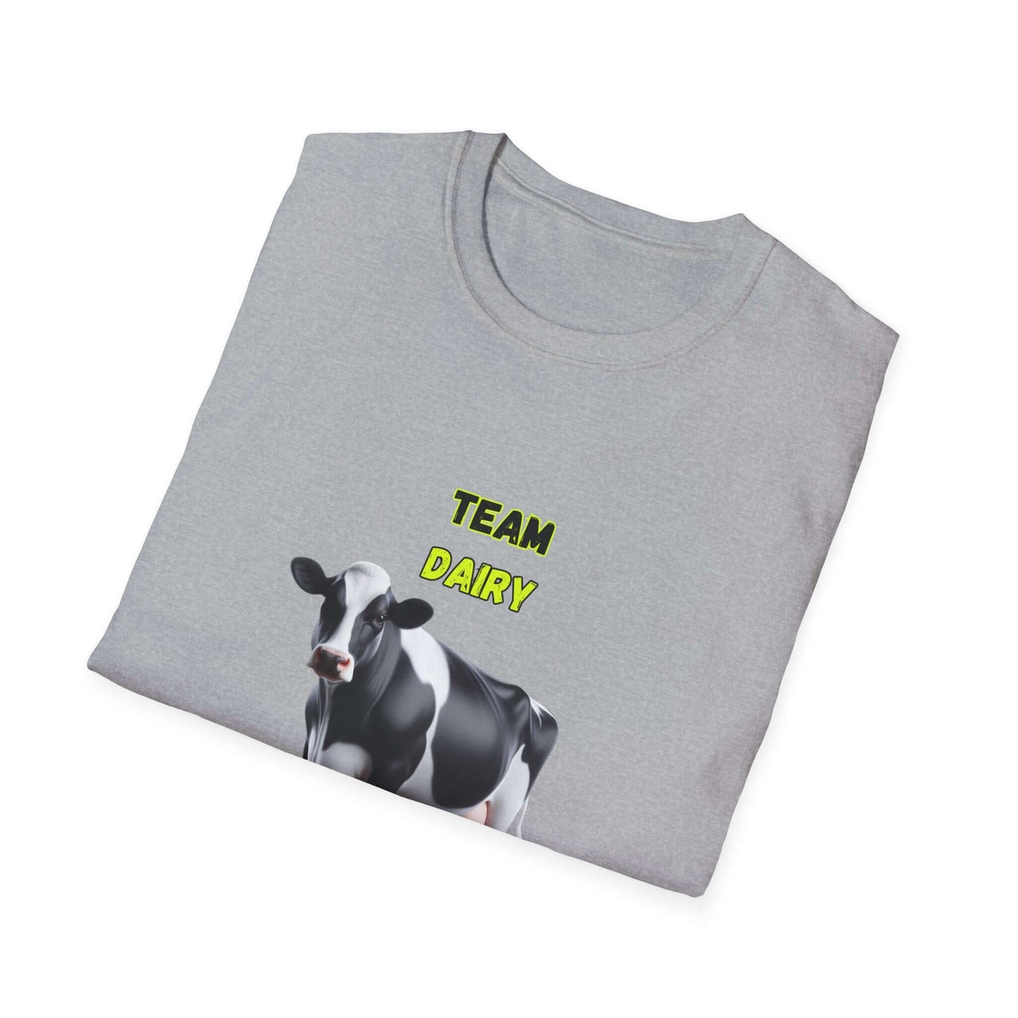Team Dairy T-Shirt featuring a black and white cow design on a gray background.