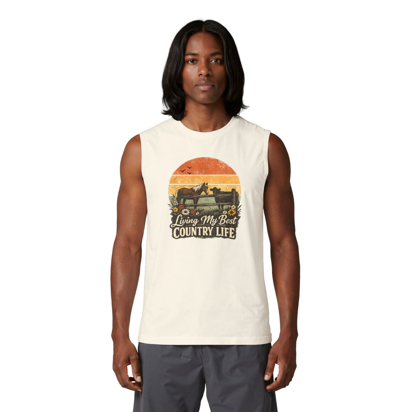 Man wearing Country Life Tank showcasing vintage sunset artwork and the phrase 'Living My Best Country Life'.