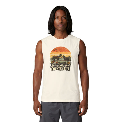 Man wearing Country Life Tank showcasing vintage sunset artwork and the phrase 'Living My Best Country Life'.