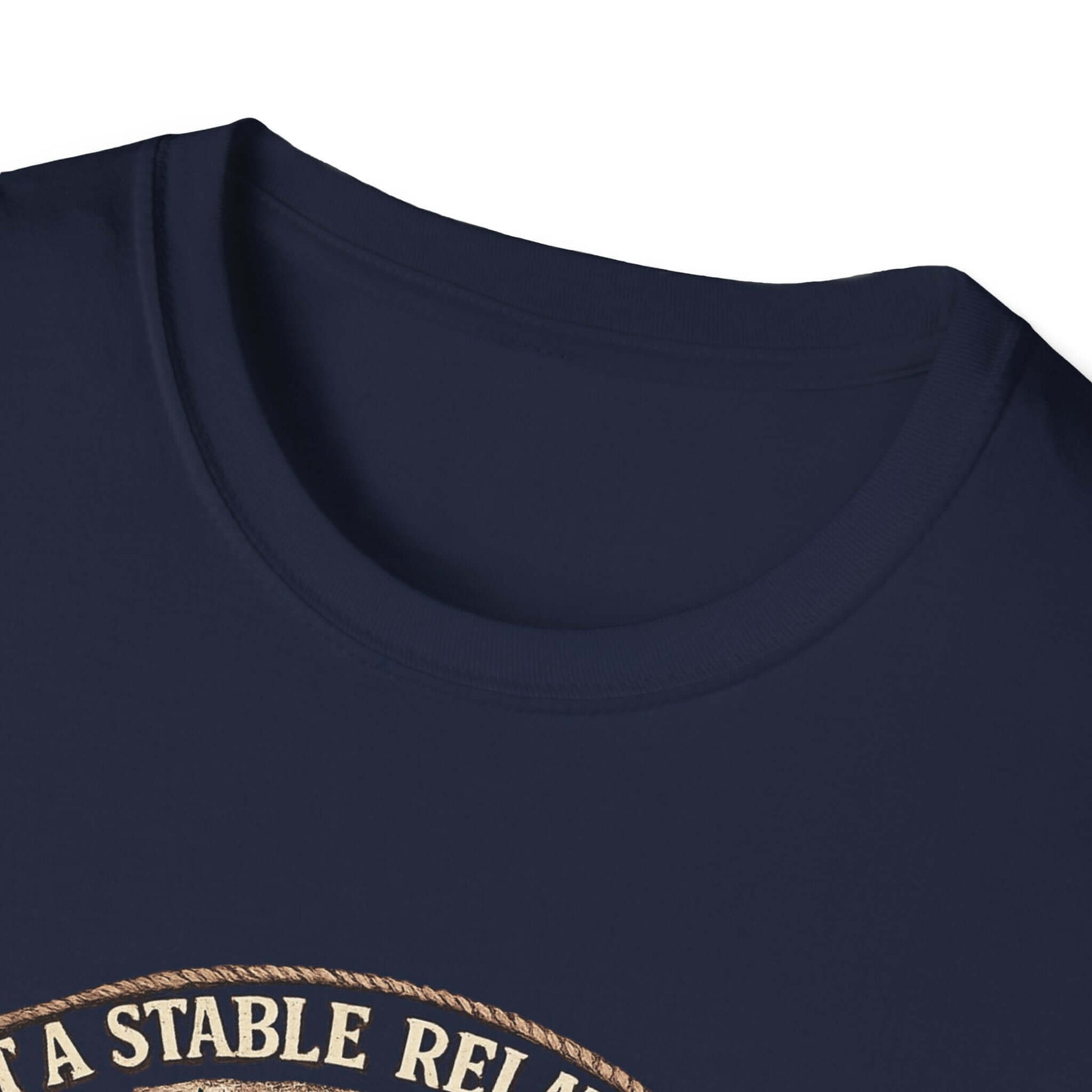 Close-up of navy crew-neck tee featuring 'Get A Horse' design, perfect for cowgirl humor and a stable relationship.