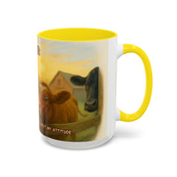Cow Farm Mug featuring humorous cows and rustic farm design on a two-tone mug, ideal gift for cow lovers.
