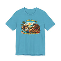 Life's A Beach Western Tee featuring a cowgirl, horse, and tropical scene on a blue shirt.