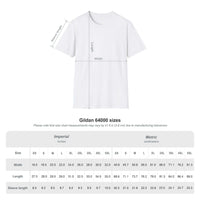 Gildan 64000 size chart for T-shirts with measurements in imperial and metric units.