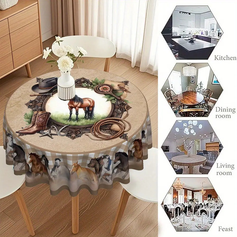 Western Cowboy Horse Round Tablecloth with horse and cowboy accessories design