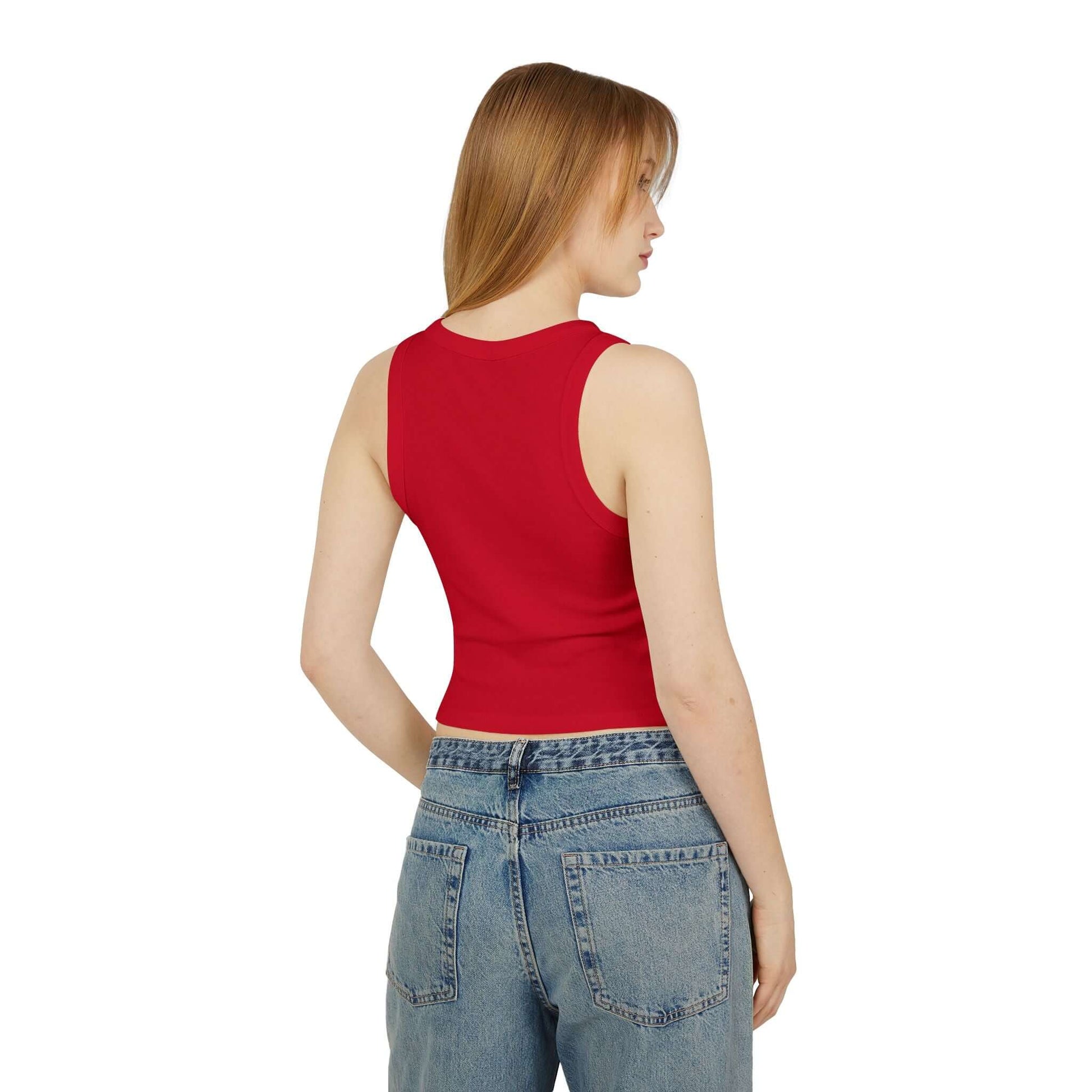 Women Racer Tank in red back view, perfect for summer days and layered outfits.