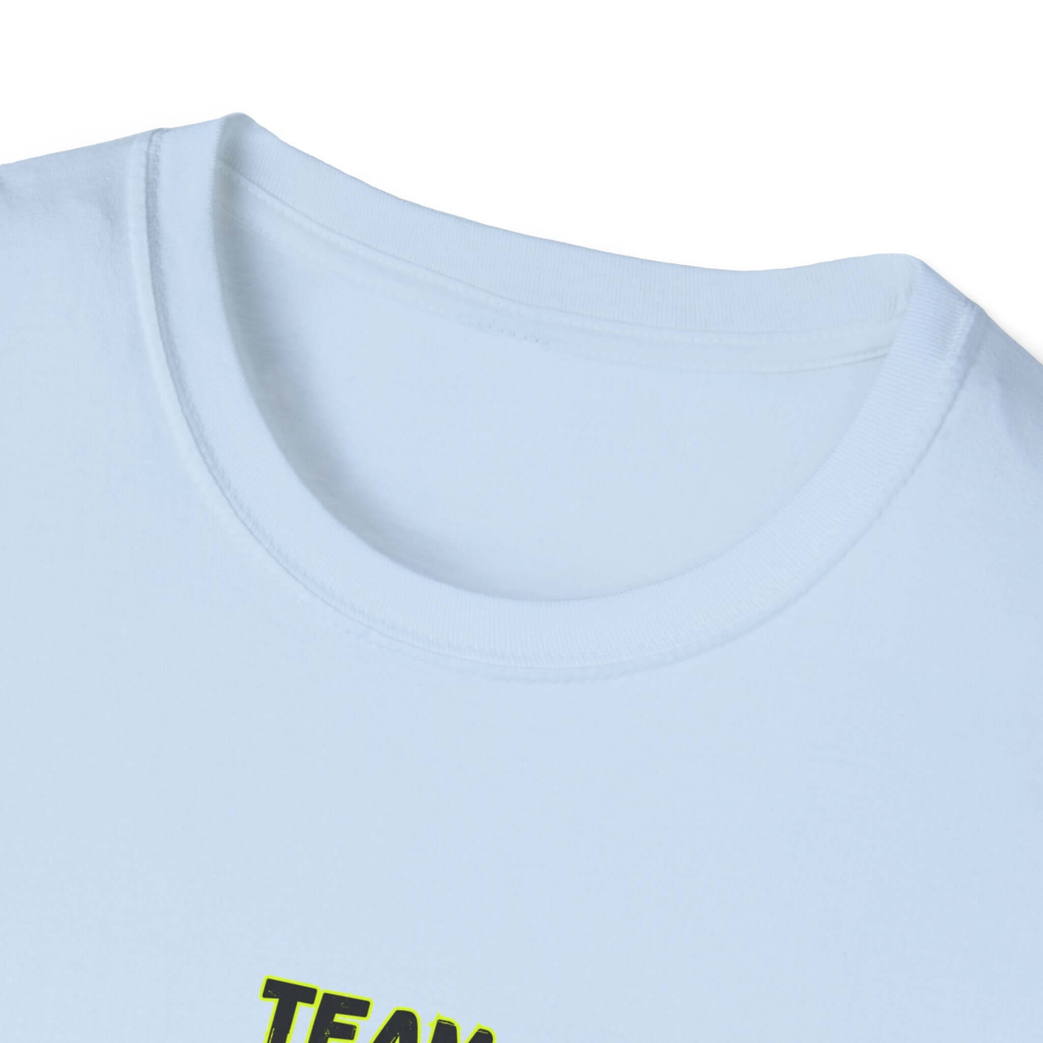 Team Dairy T-Shirt showing the neckline design in light blue fabric.