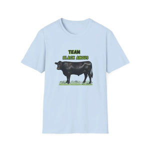 Black Angus Lover T-Shirt featuring a black cow design with 'TEAM BLACK ANGUS' text.