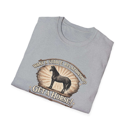 Get a Horse T-Shirt featuring barnyard humor, silhouette horse, and vintage-inspired design on a gray background.