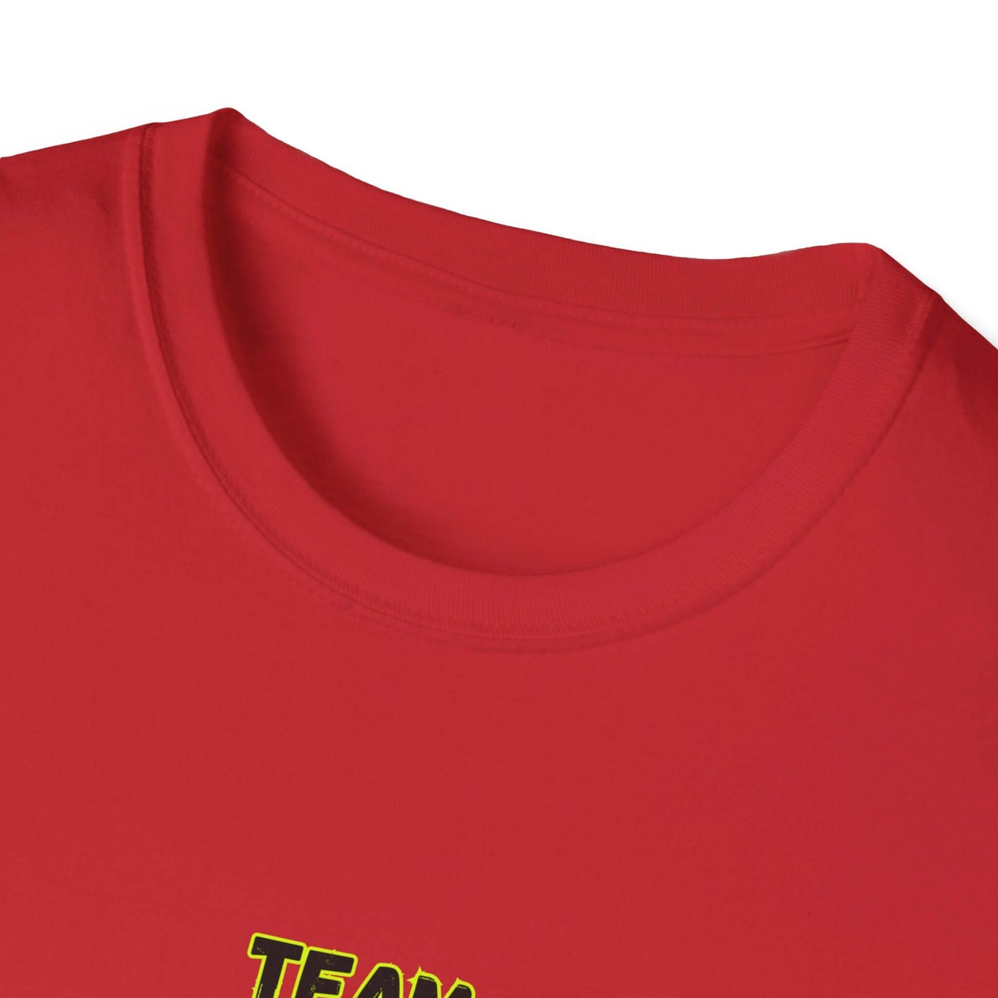 Team Dairy T-Shirt collar detail in red fabric showcasing the bold text for dairy cattle farmers.