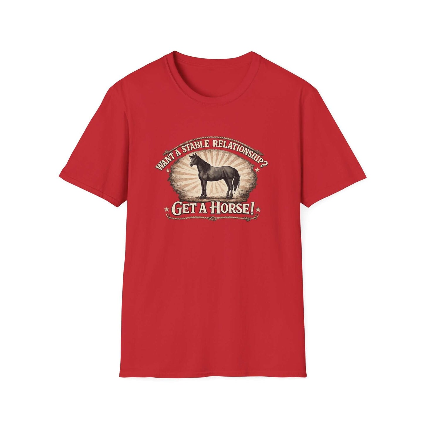 Get a Horse T-Shirt in red with barnyard humor graphic, featuring horse silhouette and rustic typography.