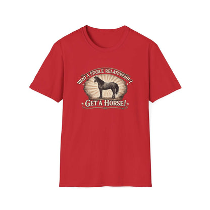 Get a Horse T-Shirt in red with barnyard humor graphic, featuring horse silhouette and rustic typography.
