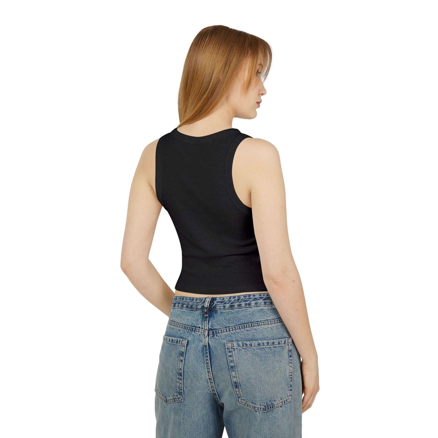 Back view of a woman wearing a Women Racer Tank paired with high-waisted jeans, showcasing a modern, casual look.