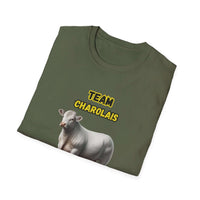 Charolais T-Shirt featuring a graphic of a Charolais cattle and the text 'TEAM CHAROLAIS' on an olive green tee.