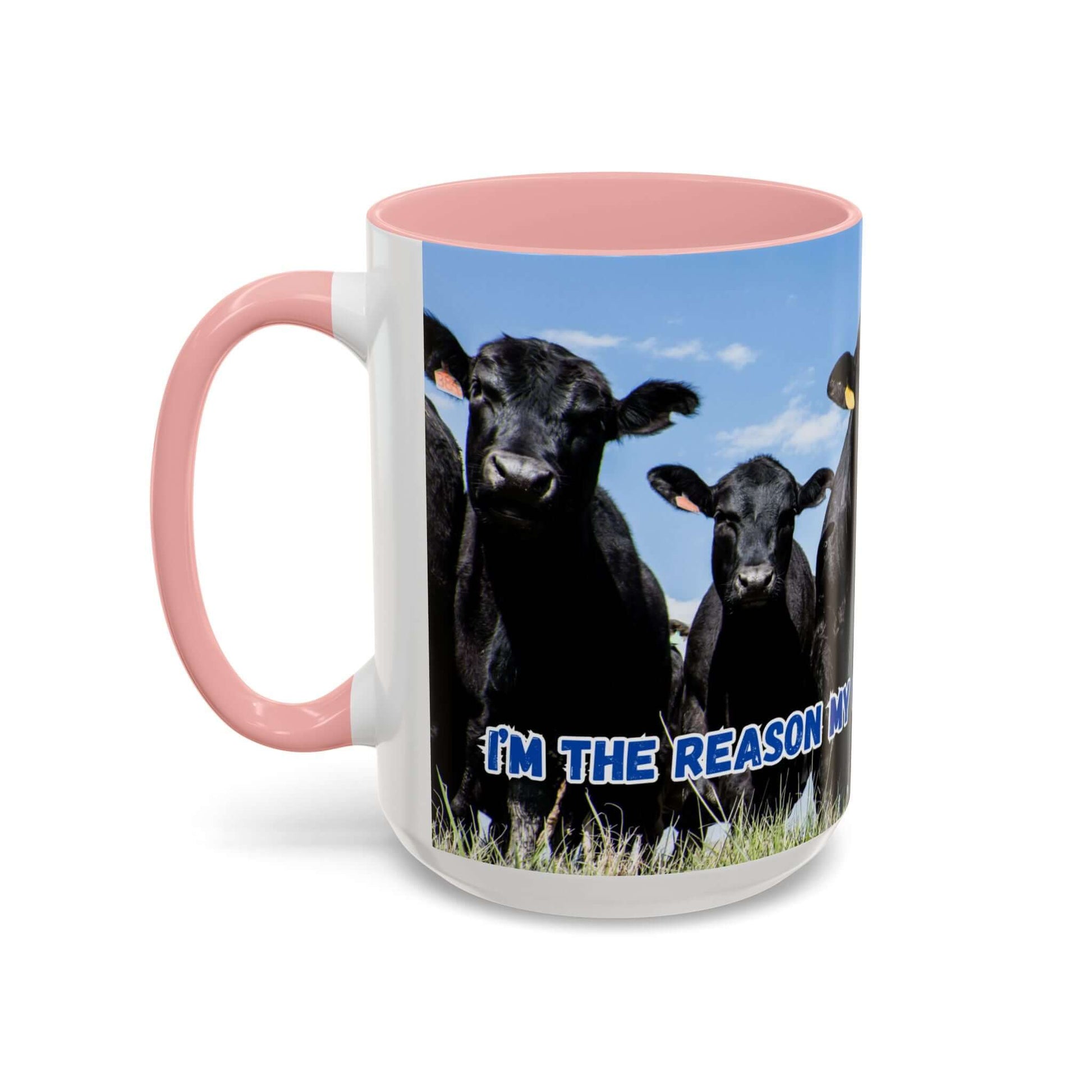 Black Angus Coffee Mug featuring humorous quote and black Angus cattle design, perfect gift for ranchers and dads.