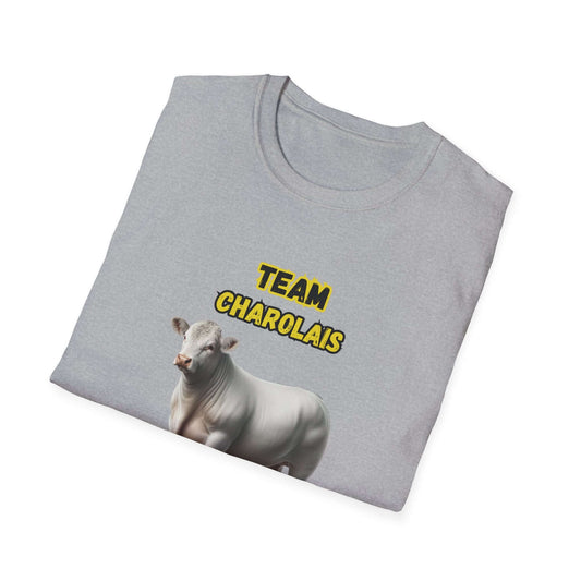 Charolais T-Shirt featuring a graphic of a Charolais cow and the text 'TEAM CHAROLAIS' on a gray tee.