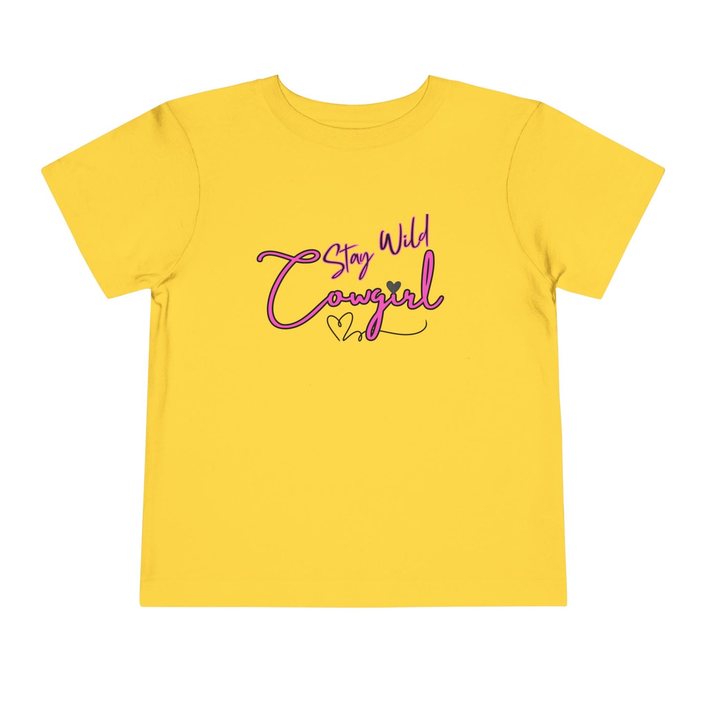 Toddler Cowgirl Tee in bright yellow with playful 'Stay Wild Cowgirl' design, perfect for active little ones.