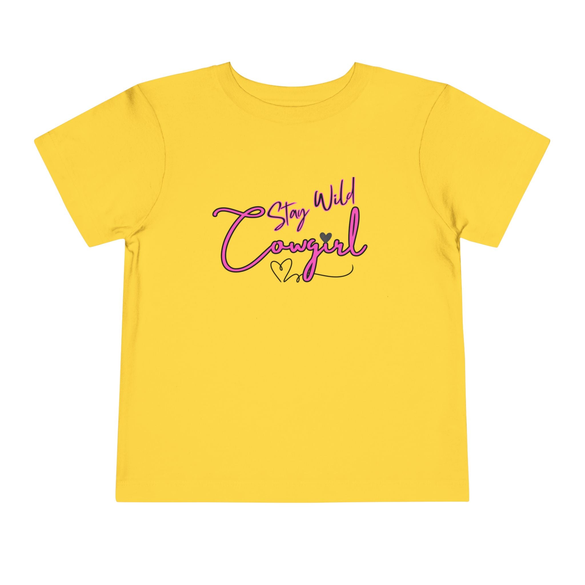 Toddler Cowgirl Tee in bright yellow with playful 'Stay Wild Cowgirl' design, perfect for active little ones.