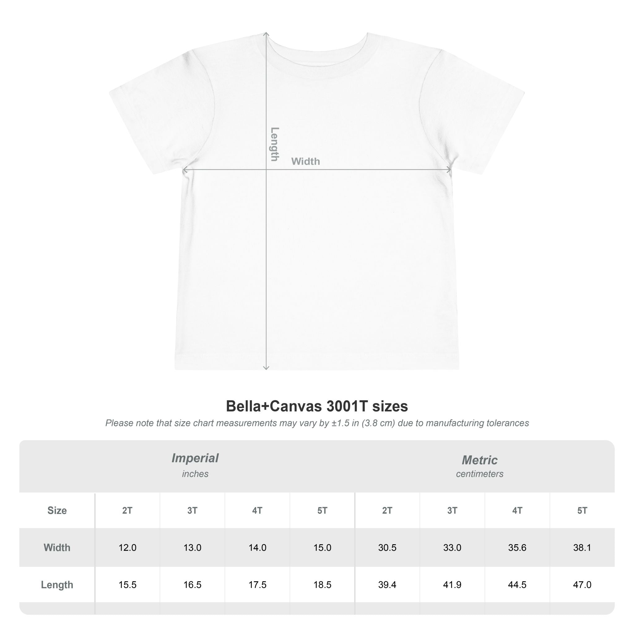 Toddler Cowgirl Tee size chart with measurements in inches and centimeters for different toddler sizes.