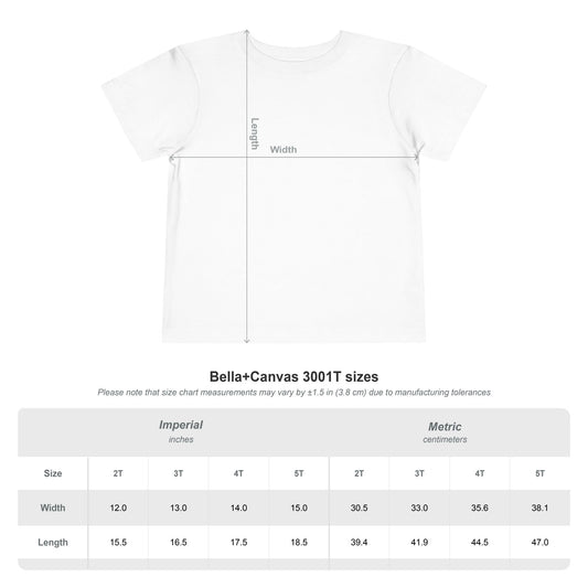 Toddler Cowgirl Tee size chart with measurements in inches and centimeters for different toddler sizes.