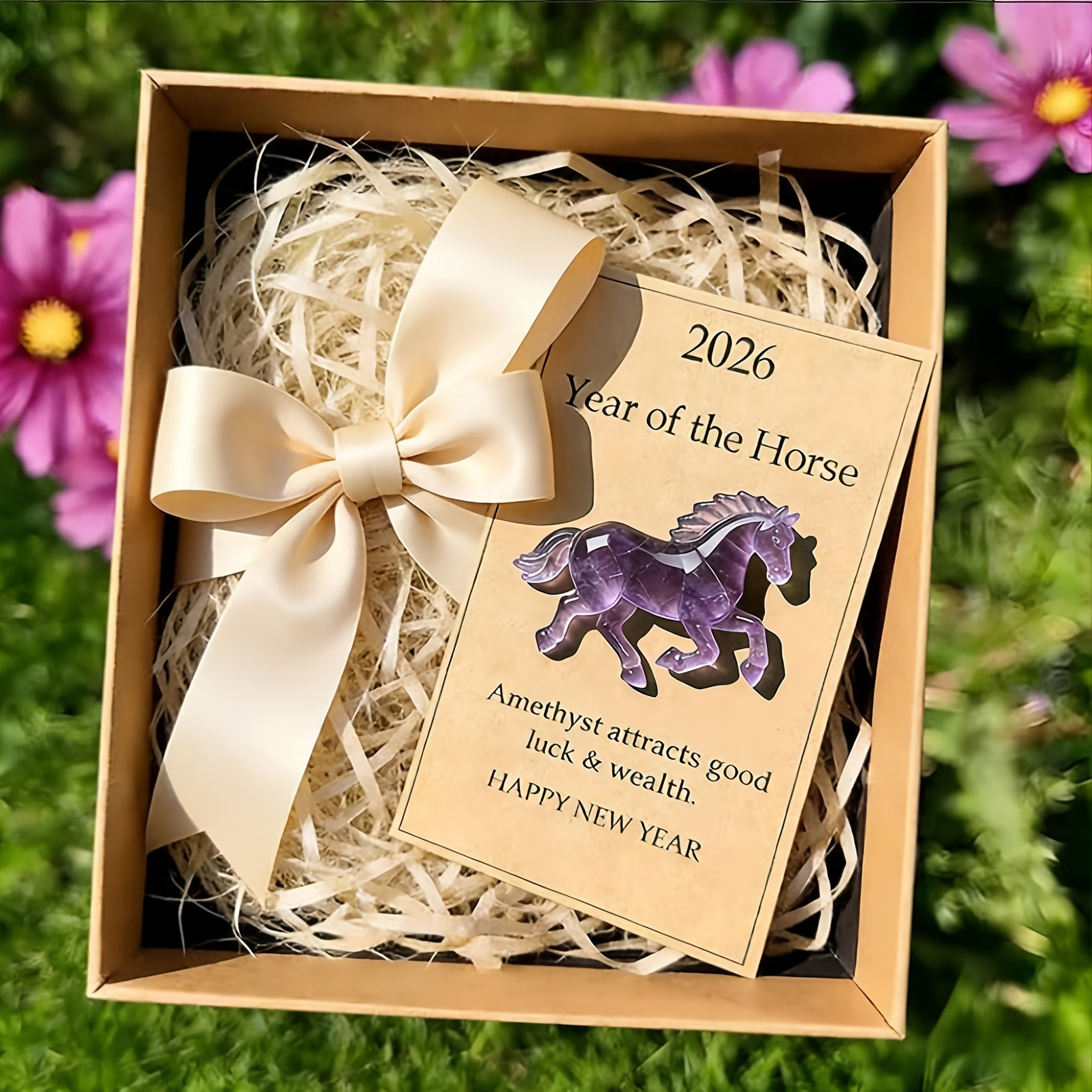 Good Luck Horse gift box featuring a card that reads '2026 Year of the Horse', adorned with a bow and flowers.