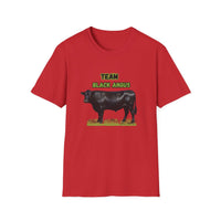 Black Angus Lover T-Shirt featuring a graphic of a Black Angus cow on a red shirt, perfect for ranchers and farmers.