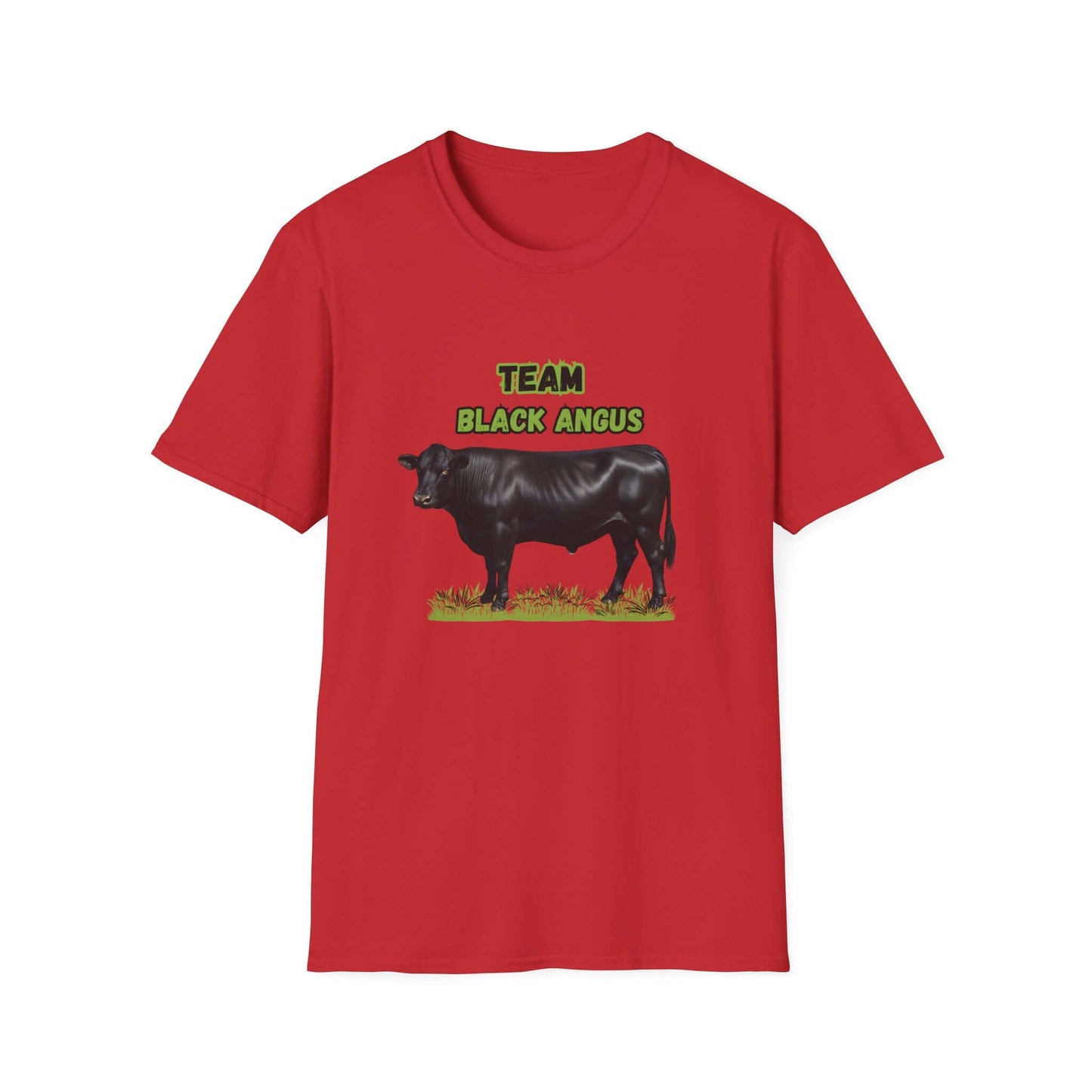 Black Angus Lover T-Shirt featuring a graphic of a Black Angus cow on a red shirt, perfect for ranchers and farmers.