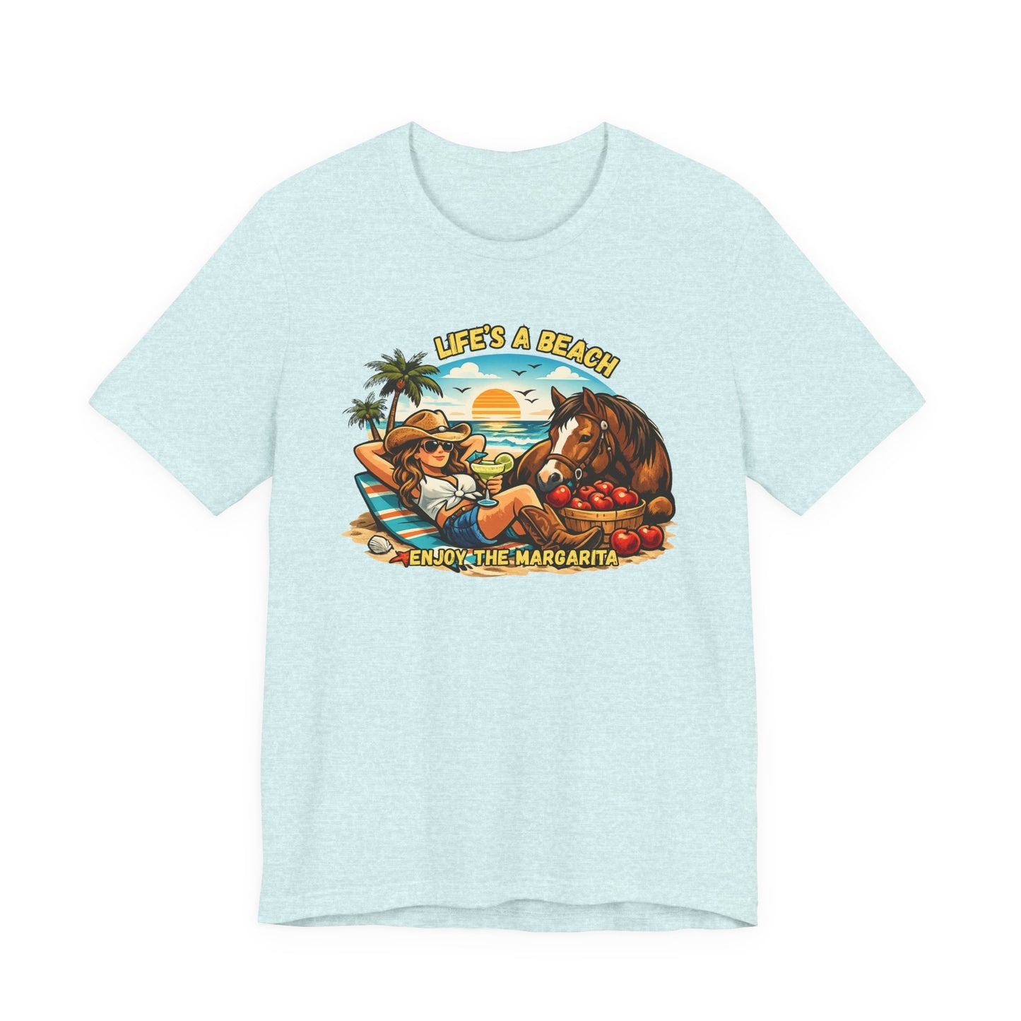 Life's A Beach Western Tee featuring a beach scene, sunset, and a horse, perfect for cowgirl apparel lovers.