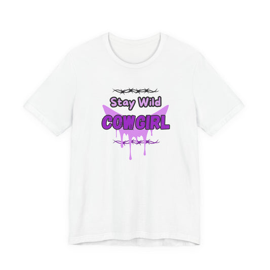 Cowgirl Western Tee featuring Stay Wild COWGIRL graphic in purple on a white t-shirt, showcasing a rebellious-western vibe.