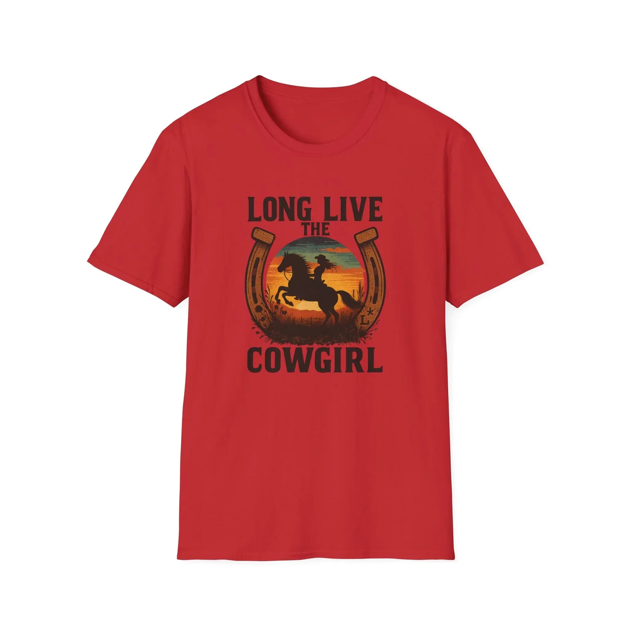 Long Live the Cowgirl horseshoe graphic t-shirt in red, perfect for cowgirl apparel and western rodeo enthusiasts.