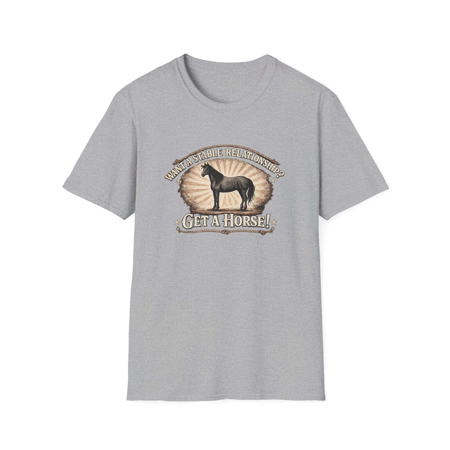 Get a Horse T-Shirt featuring barnyard humor with a silhouette horse design on a gray crew-neck tee.