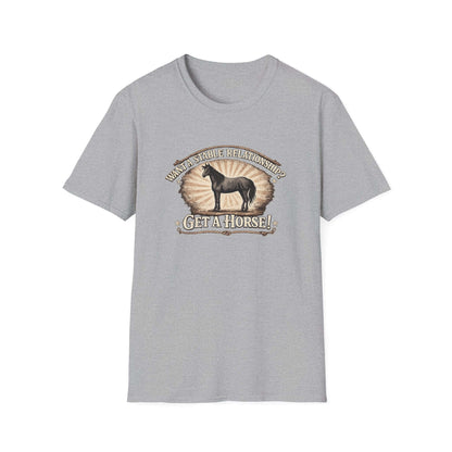 Get a Horse T-Shirt featuring barnyard humor with a silhouette horse design on a gray crew-neck tee.