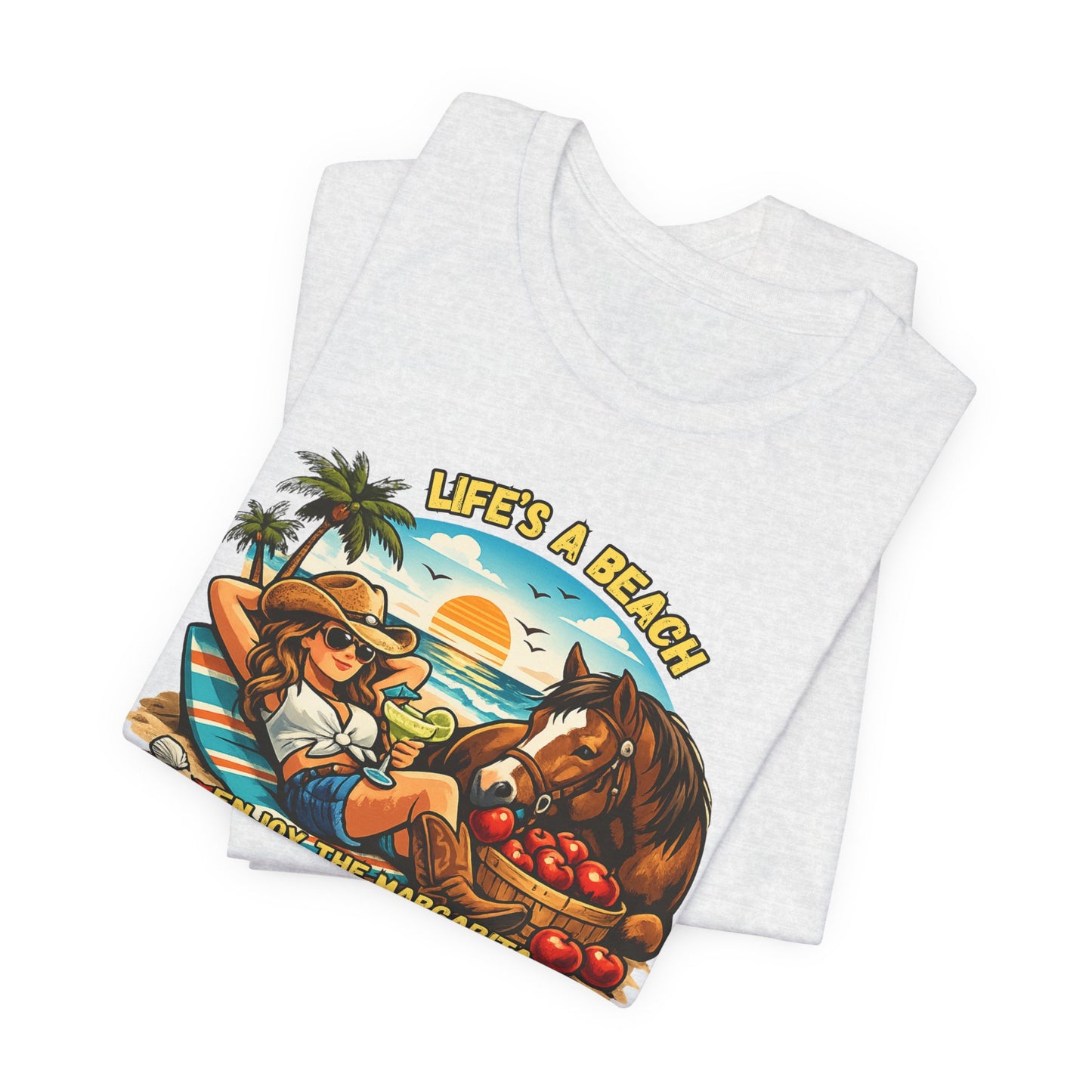 Life's A Beach Western Tee featuring a cowgirl enjoying a sunset with a horse and fruits, perfect for casual summer days.