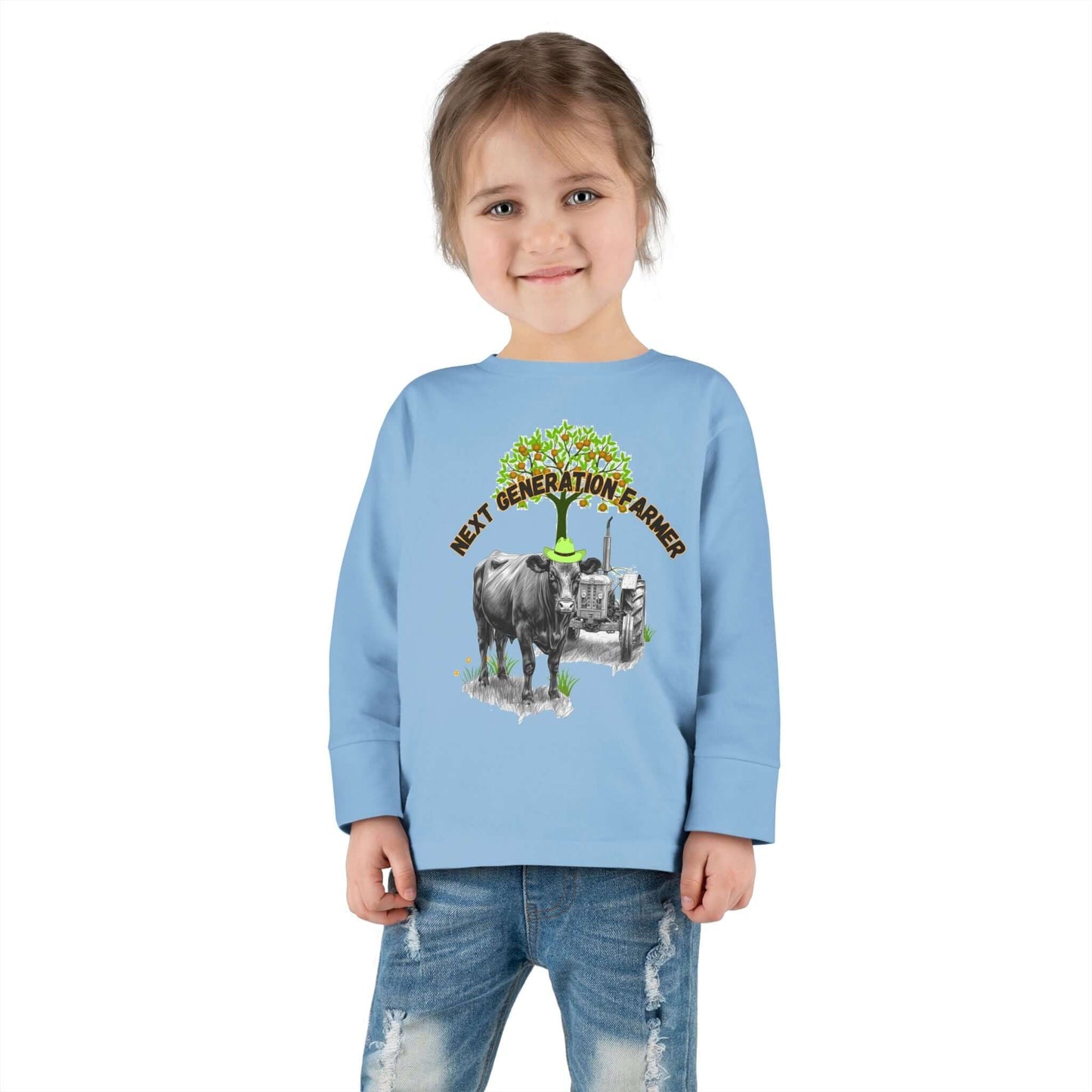 Toddler Long Sleeve Tee featuring 'Next Generation Farmer' graphic with tractor and cow, perfect for little farm enthusiasts.