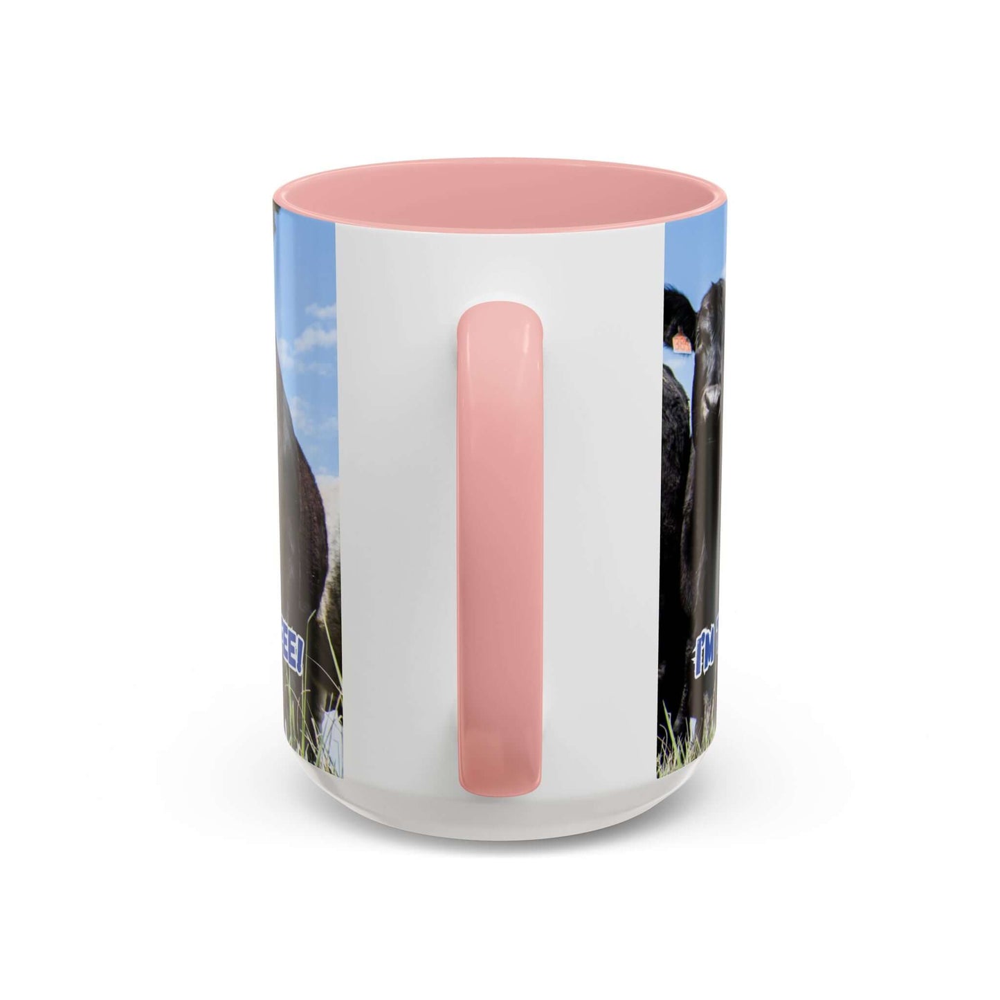 Black Angus Coffee Mug with pink handle and black Angus artwork on a white exterior, perfect for gifts for Dad.