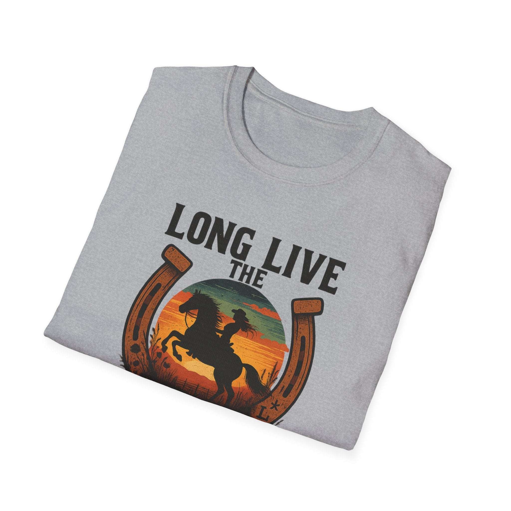 Long Live the Cowgirl, horseshoe graphic t-shirt in gray, perfect for Western rodeo fans.