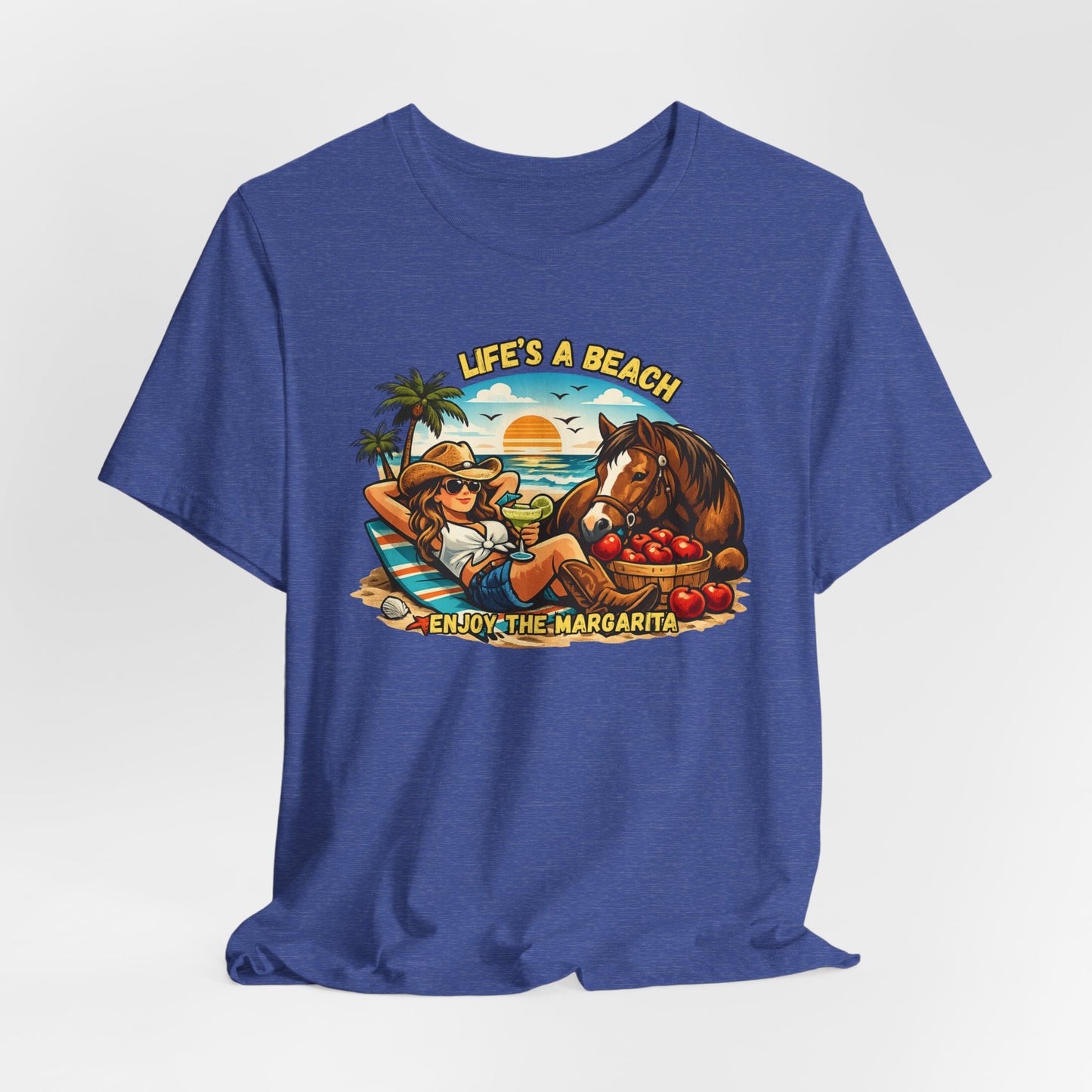 Life's A Beach Western Tee featuring a cowgirl relaxing with a horse and tropical elements, perfect for casual wear.