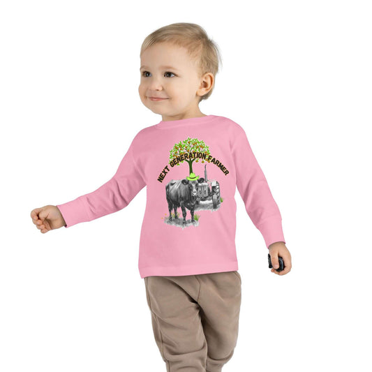 Toddler Long Sleeve Tee featuring 'Next Generation Farmer' graphic with tractor and cow, perfect for little farm enthusiasts.