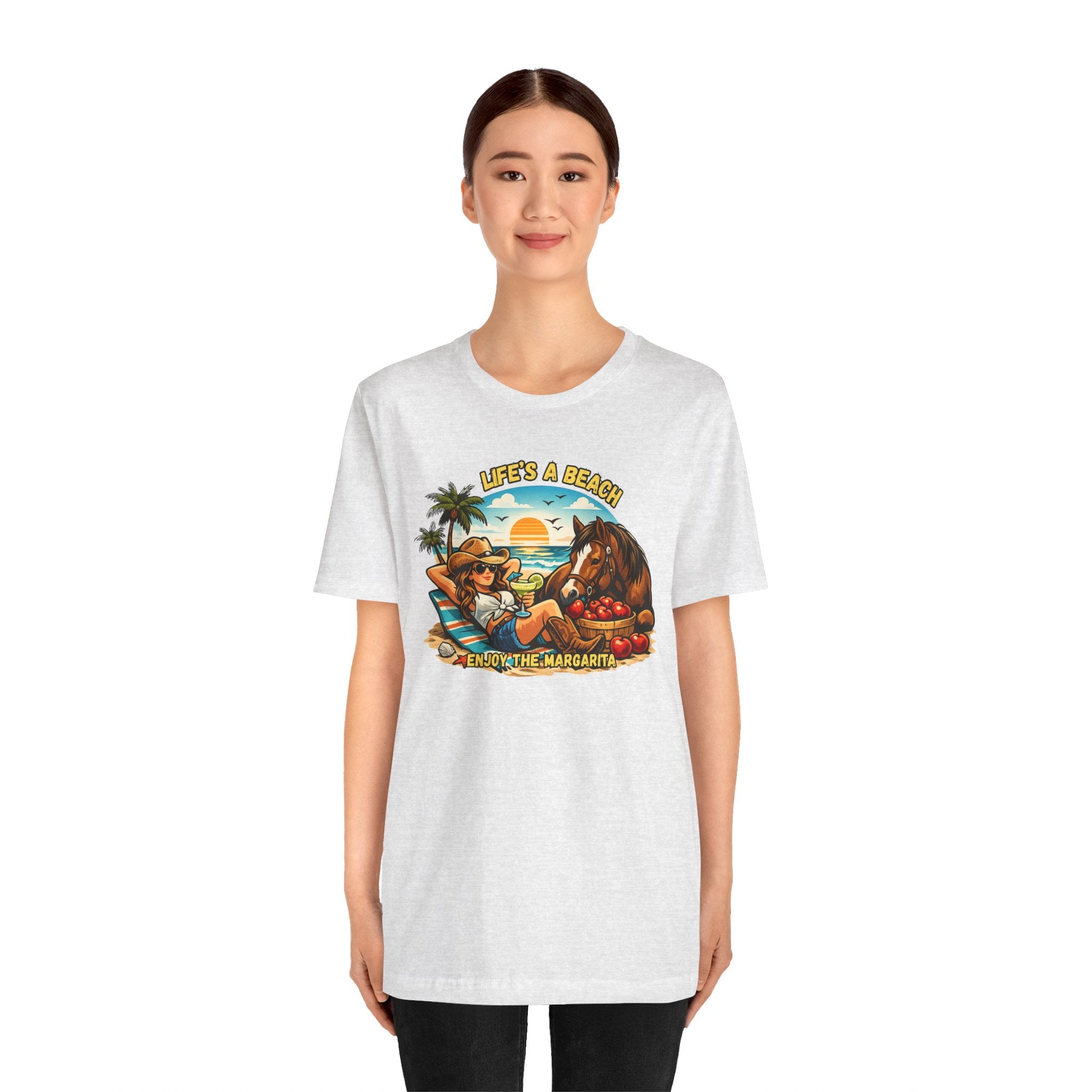 Life's A Beach Western Tee featuring a fun beach design, perfect for cowgirl apparel and humor.