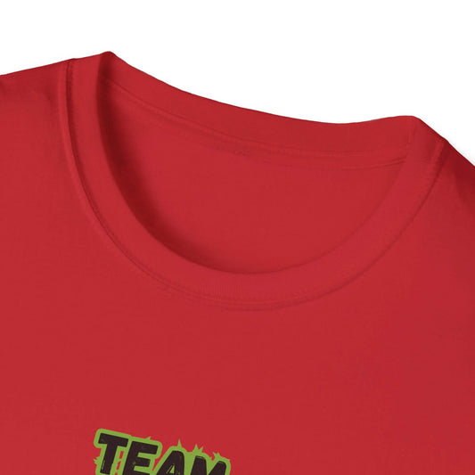 Close-up view of a red t-shirt collar, featuring the words 'TEAM' in bold graphic design.