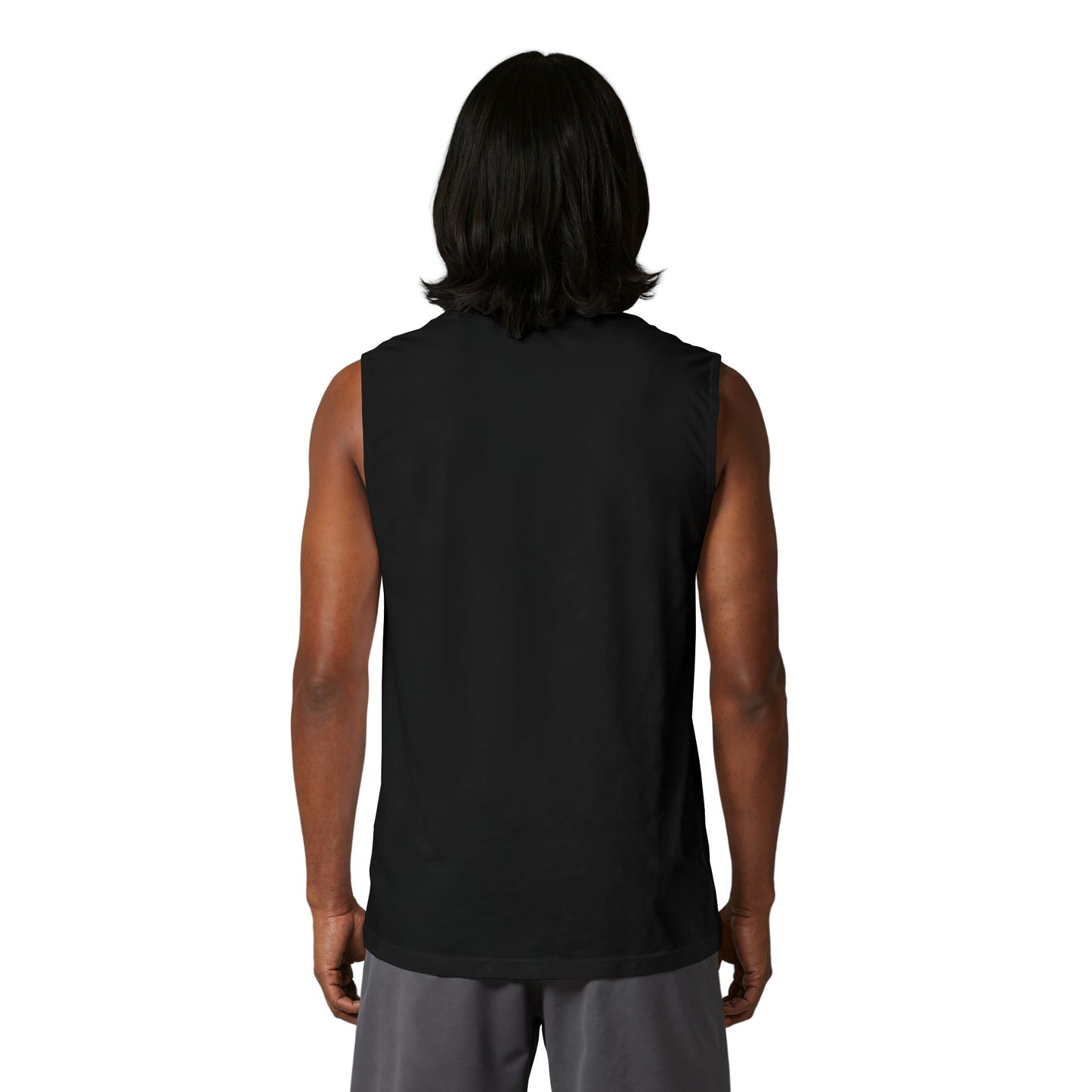 Back view of a model wearing the Country Life Tank, a sleeveless black top ideal for summer farmwear.