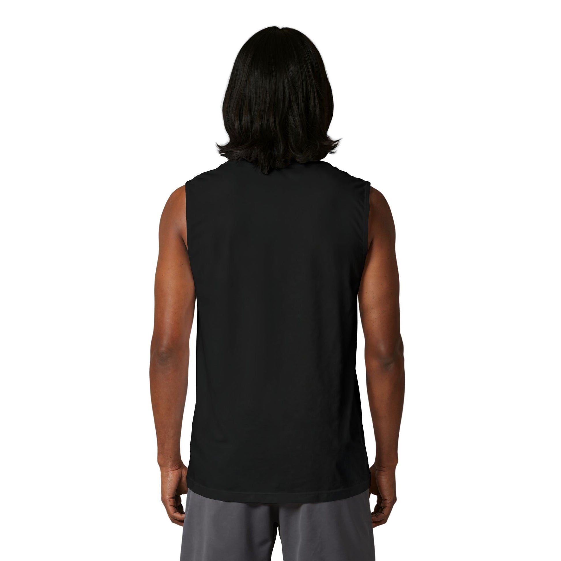 Back view of a model wearing the Country Life Tank, a sleeveless black top ideal for summer farmwear.