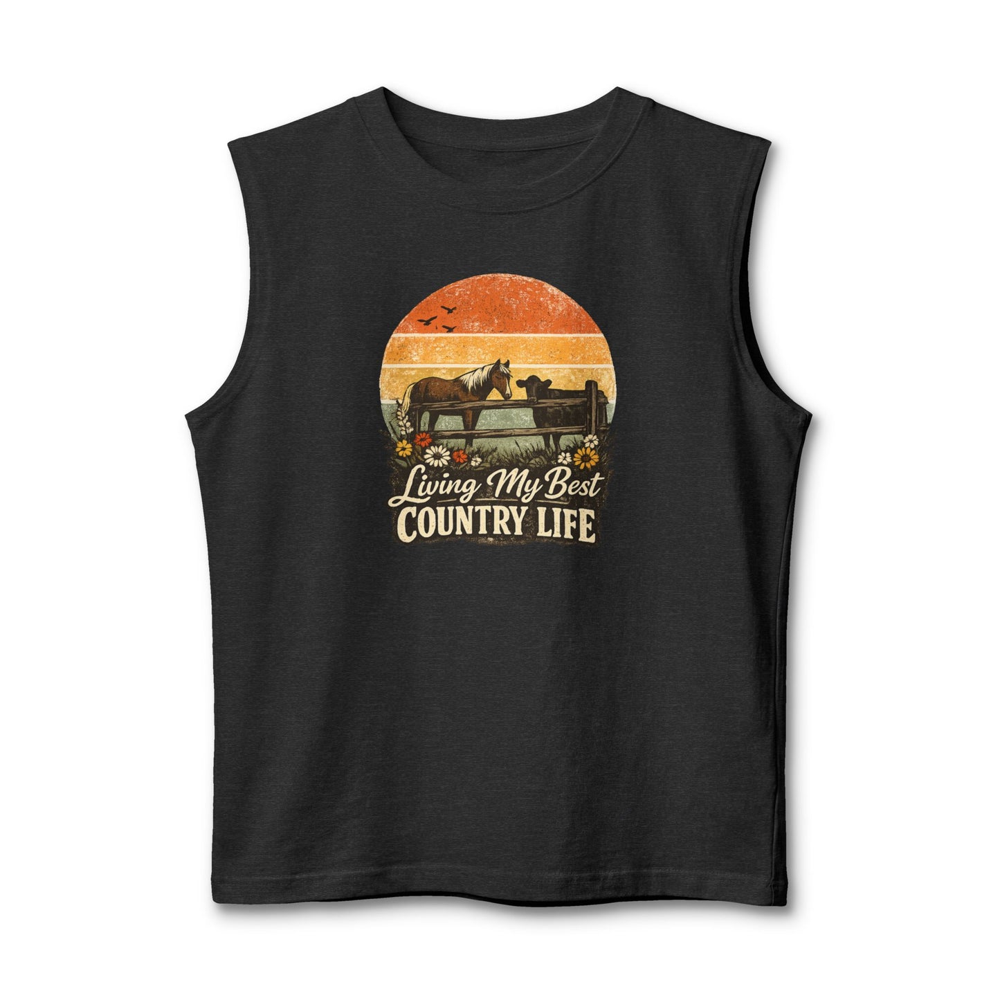 Country Life Tank featuring vintage sunset artwork and horses, perfect for farm days and summer fun.
